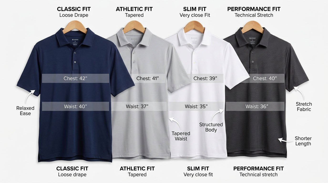 Classic, athletic, and slim fit polo silhouettes Golf polo fit variations comparison