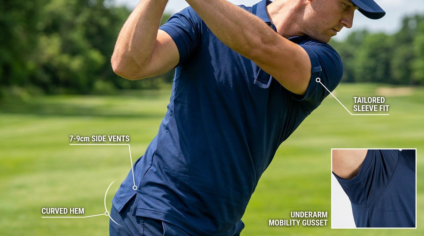 Golf polo shirt performance details Golf polo mobility details