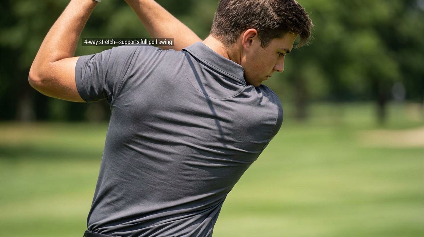 Golf swing motion with 4-way stretch polo