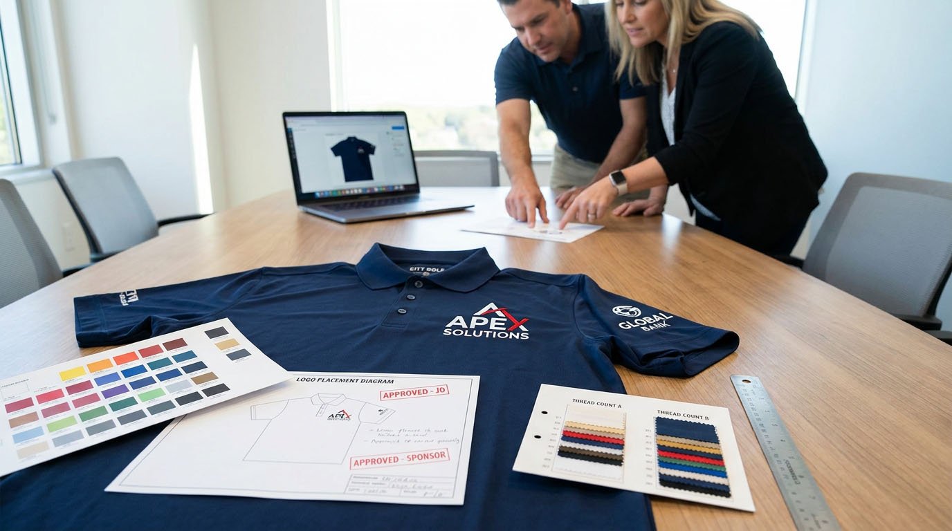 How sponsor logos often need optimization for embroidery and balanced placement on golf tournament polos Logo simplification and placement hierarchy framework