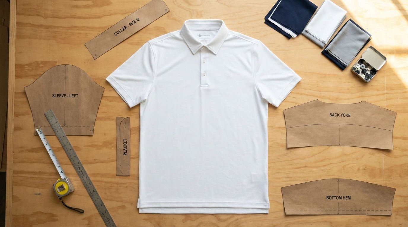 Collar, sleeve, and body pattern pieces Pattern pieces layout for golf polo