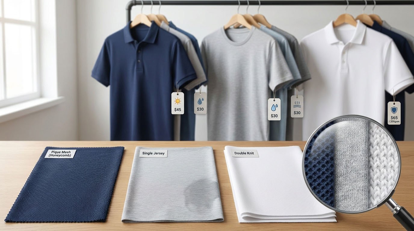 Different knit structures for golf polo fabrics