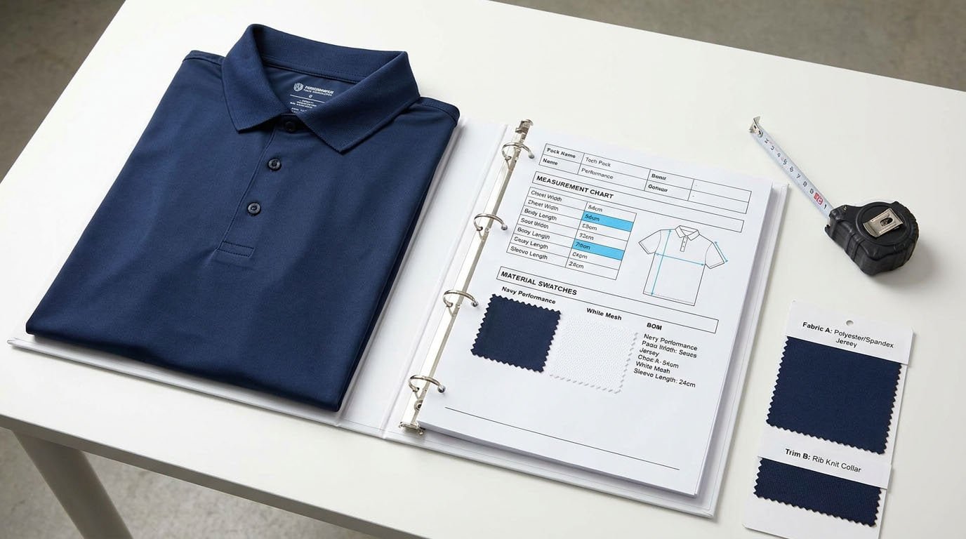 Golf polo technical specification sheet example Tech pack page showing measurements and specifications