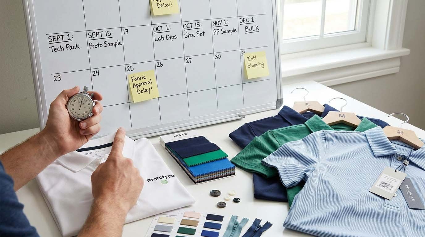 golf apparel sampling timeline