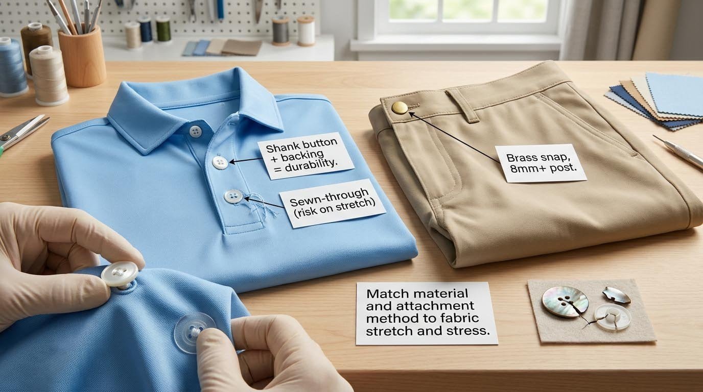 Button and Snap Attachment for Golf Apparel golf polo button attachment methods