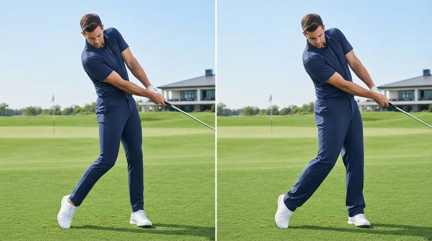 Golf Swing Mobility Comparison Between Fit Types Split image showing swing sequence in slim vs relaxed fit pants