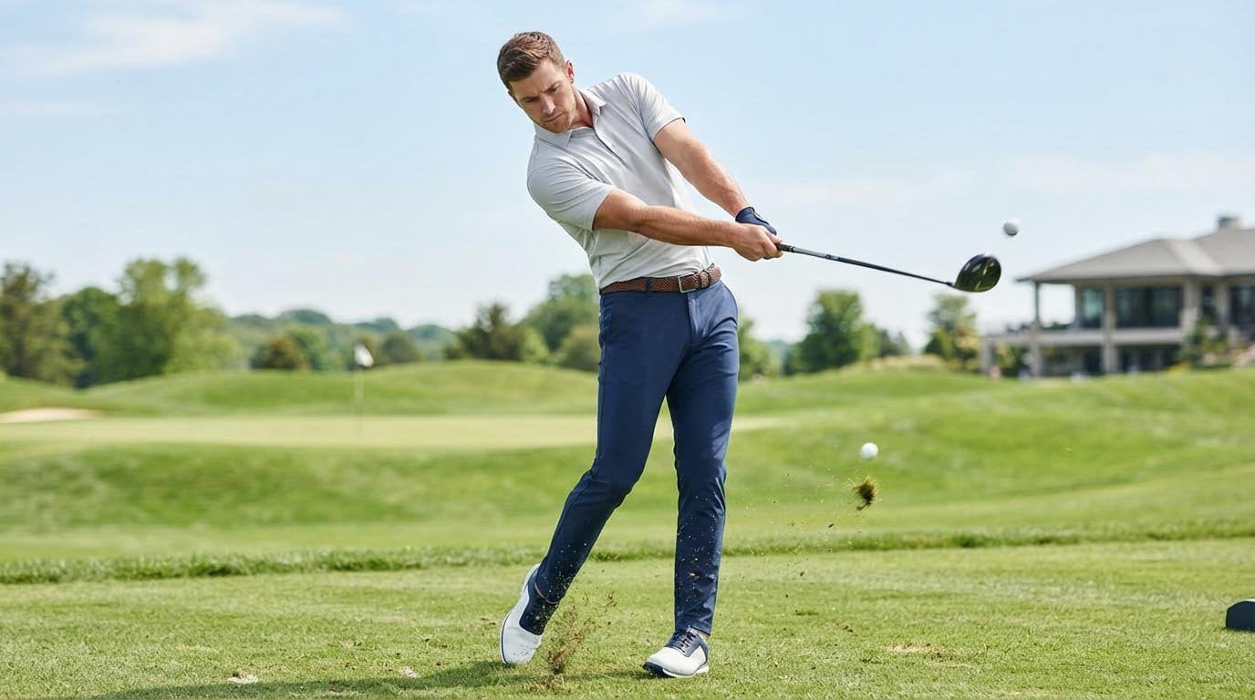 Golf Swing Mobility Test in Different Fit Types Golfer demonstrating full swing range in properly fitted pants