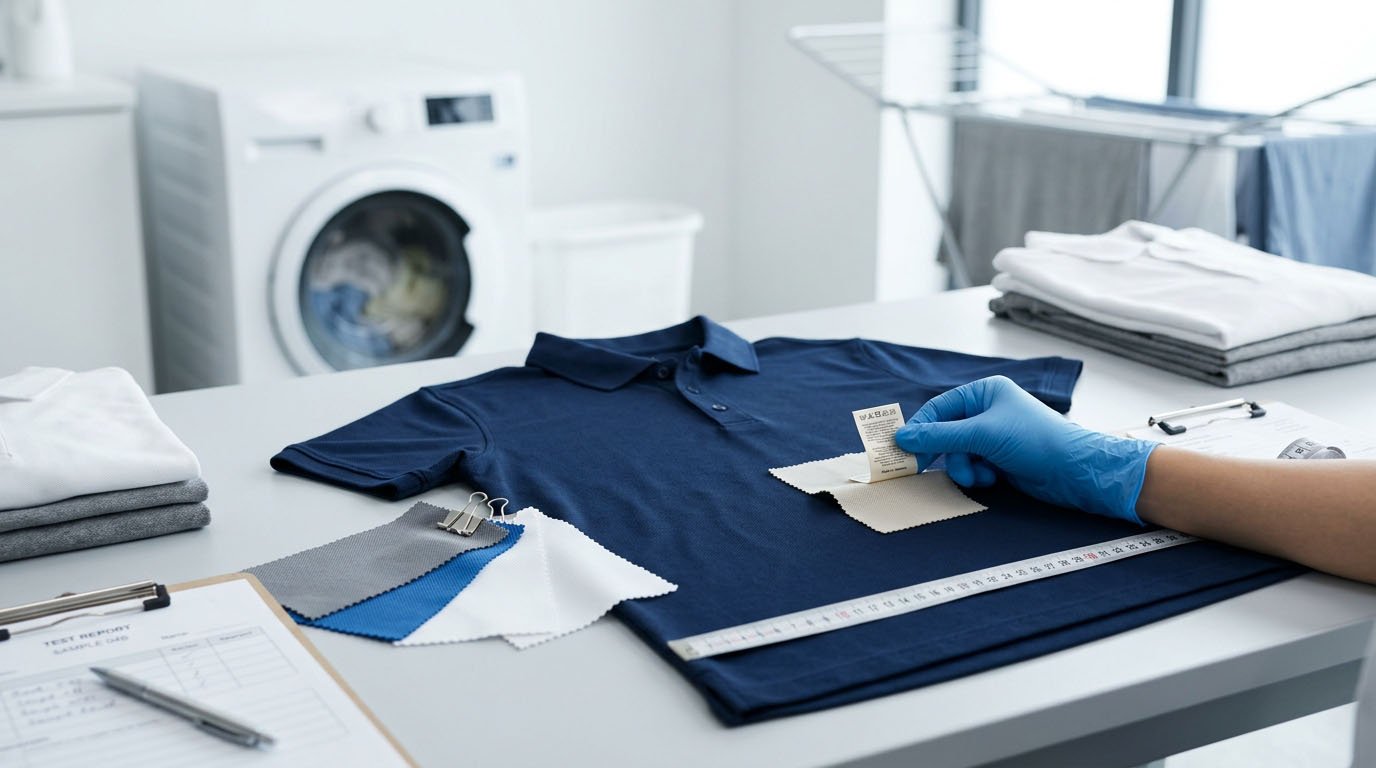 Golf apparel care label and shrinkage testing