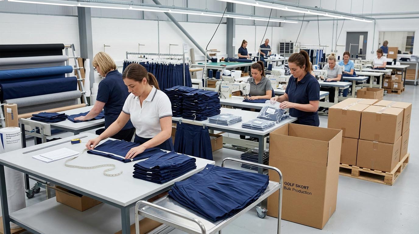 Golf skort bulk production line with quality control