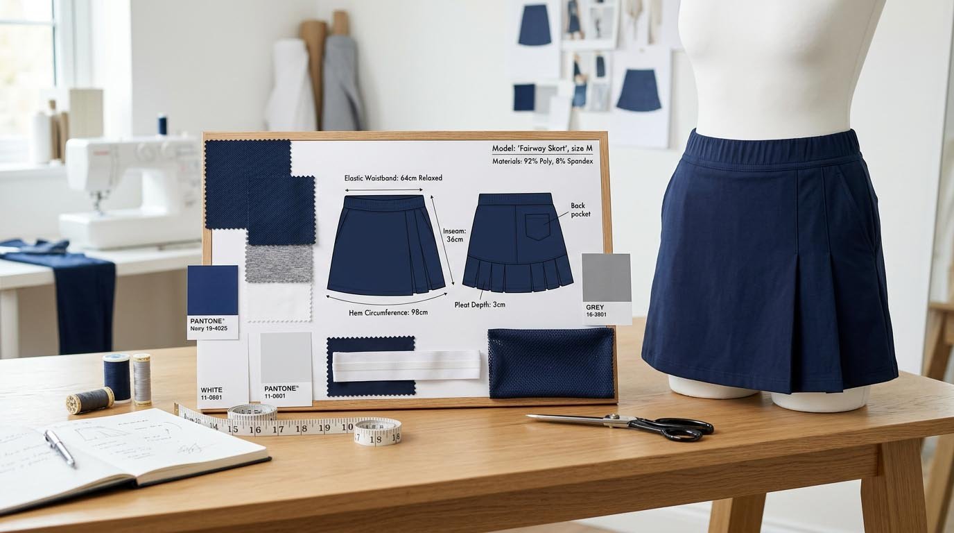 Golf skort tech pack with detailed specifications