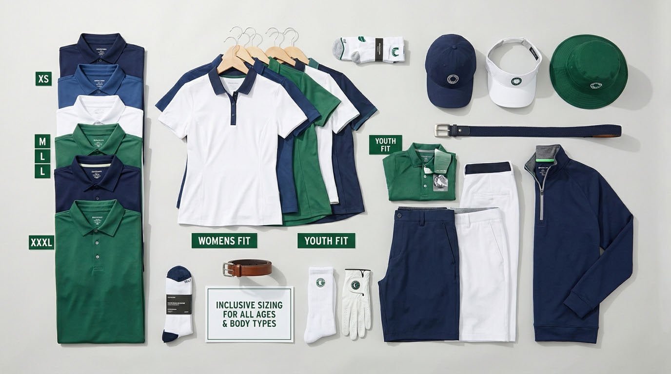 Golf uniform size range from XS to 3XL plus Size range chart showing inclusive options