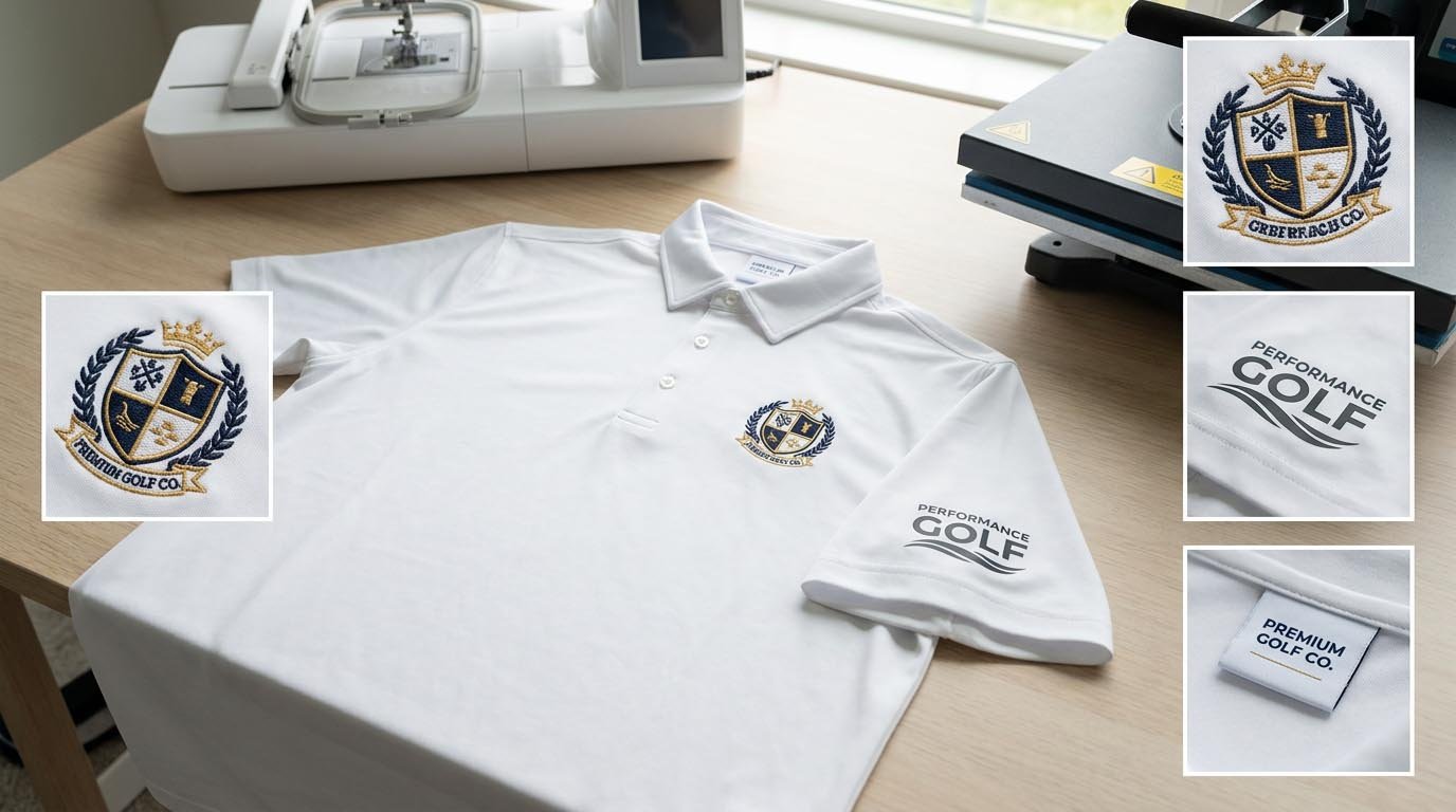 embroidery heat transfer and branding for golf polos golf polo customization options