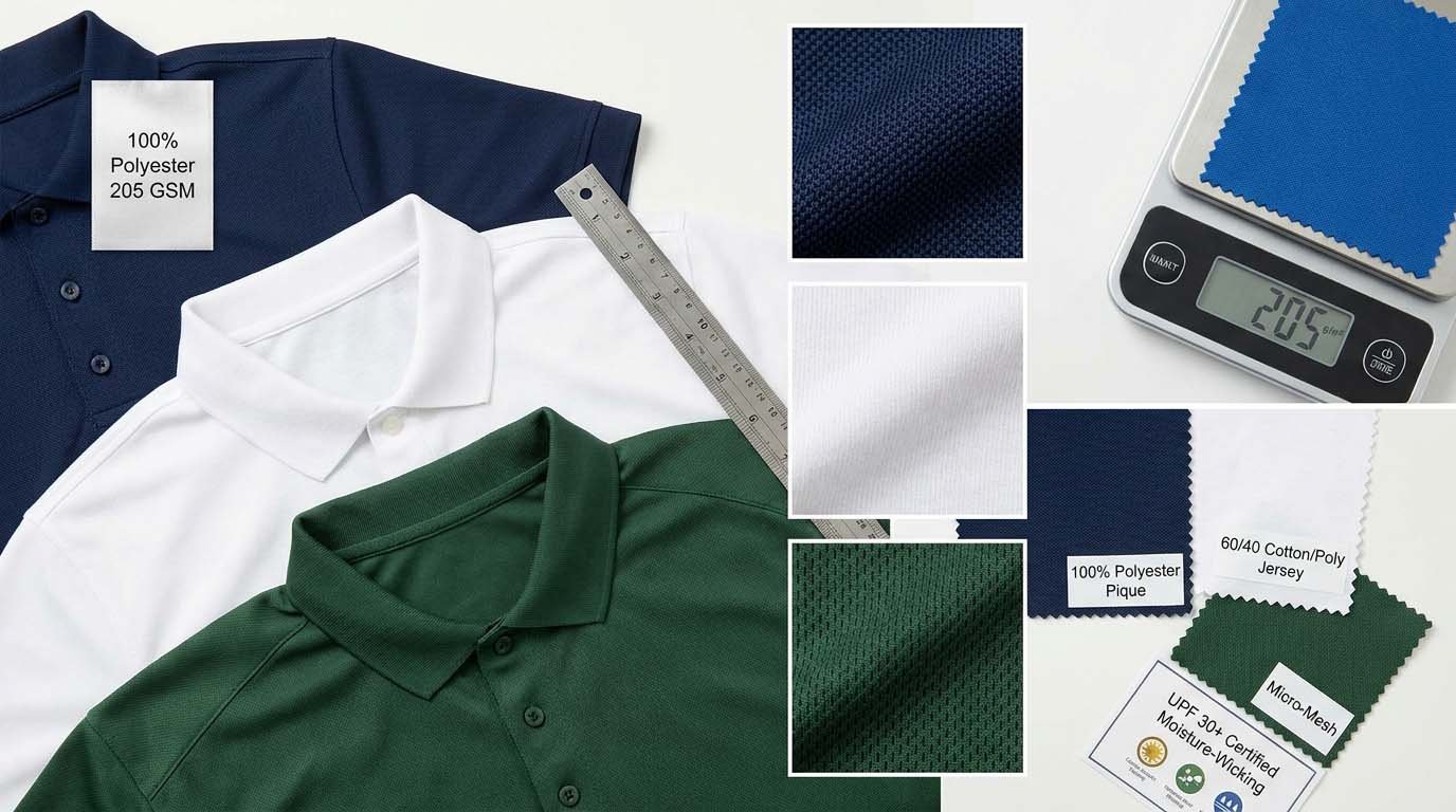 fabric composition and GSM for golf polos golf polo fabric specifications