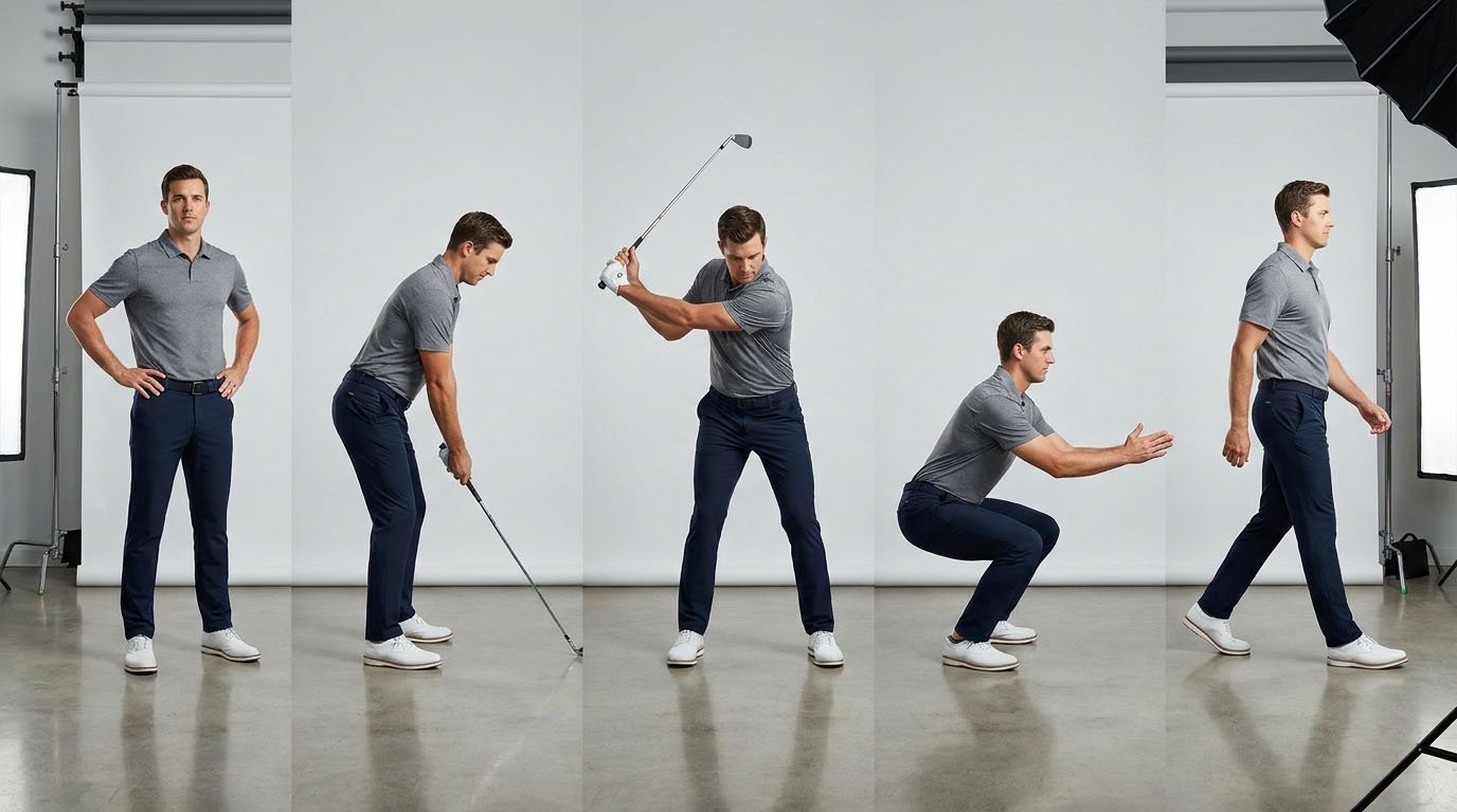 Golf pants movement fit test showing standing address swing squat and walking