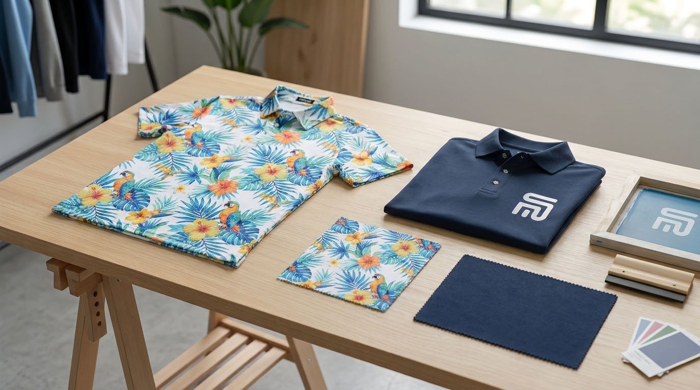 All-over sublimated golf polo compared with screen printed chest logo