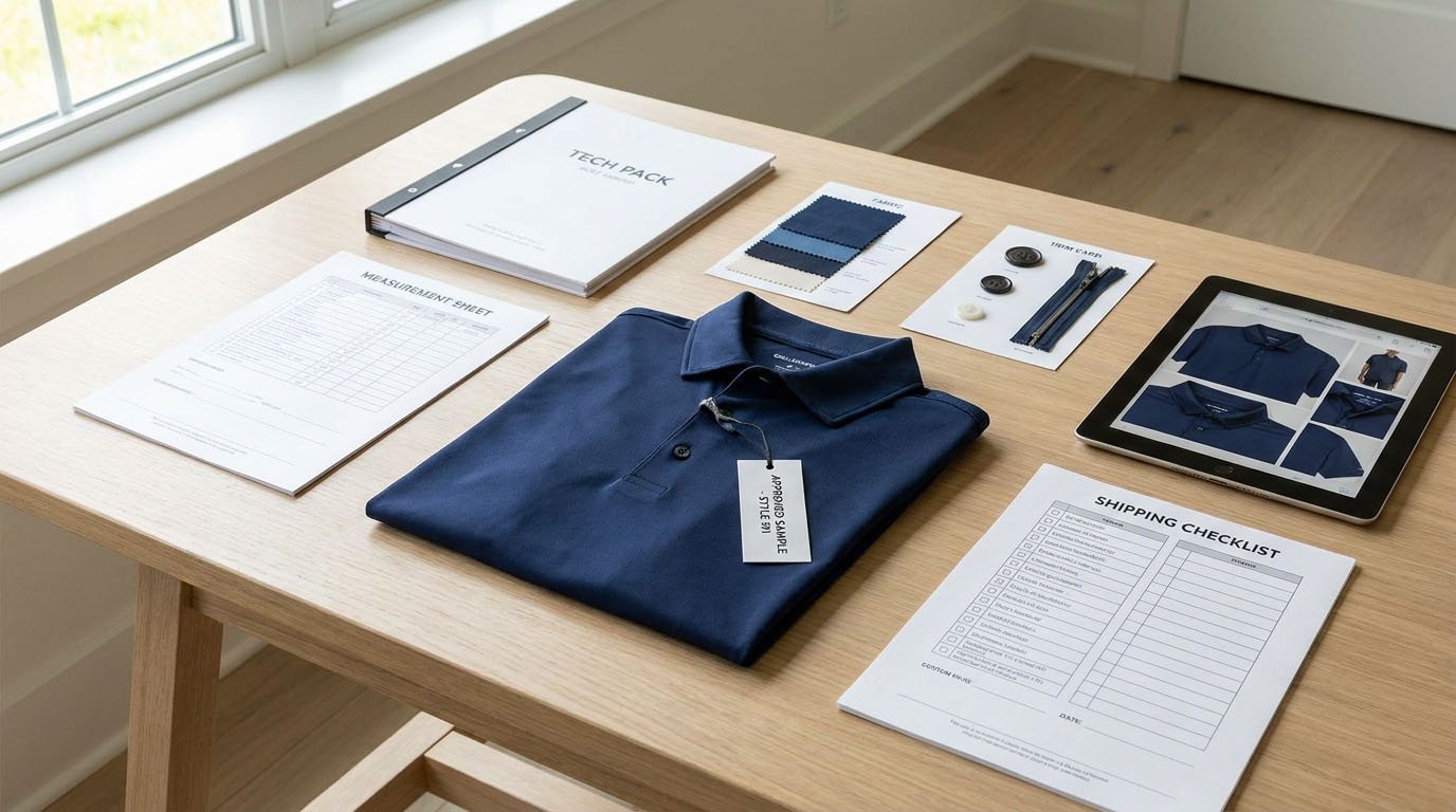 Approved golf polo physical sample labeling and factory transfer preparation