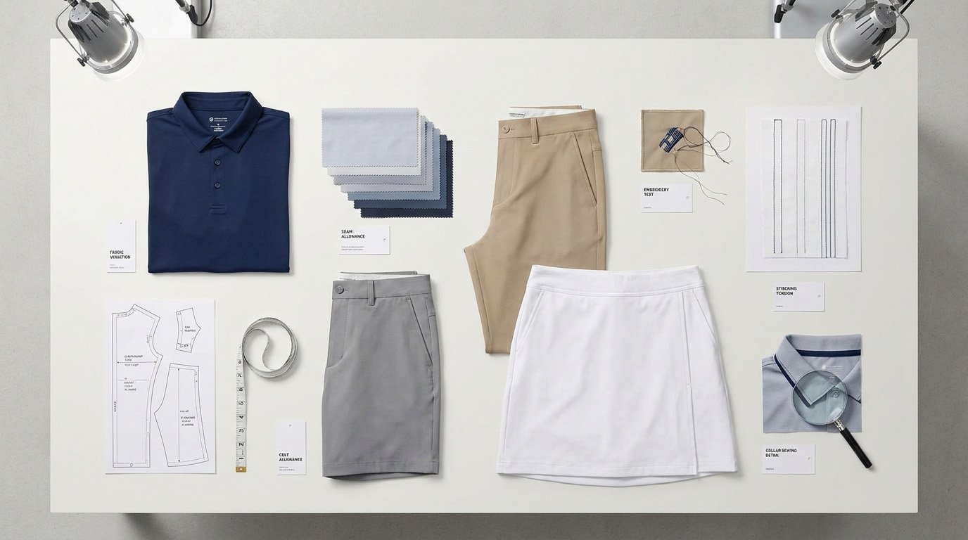 Golf apparel fabric lots, cutting, embroidery and sewing processes affecting sample-to-bulk consistency