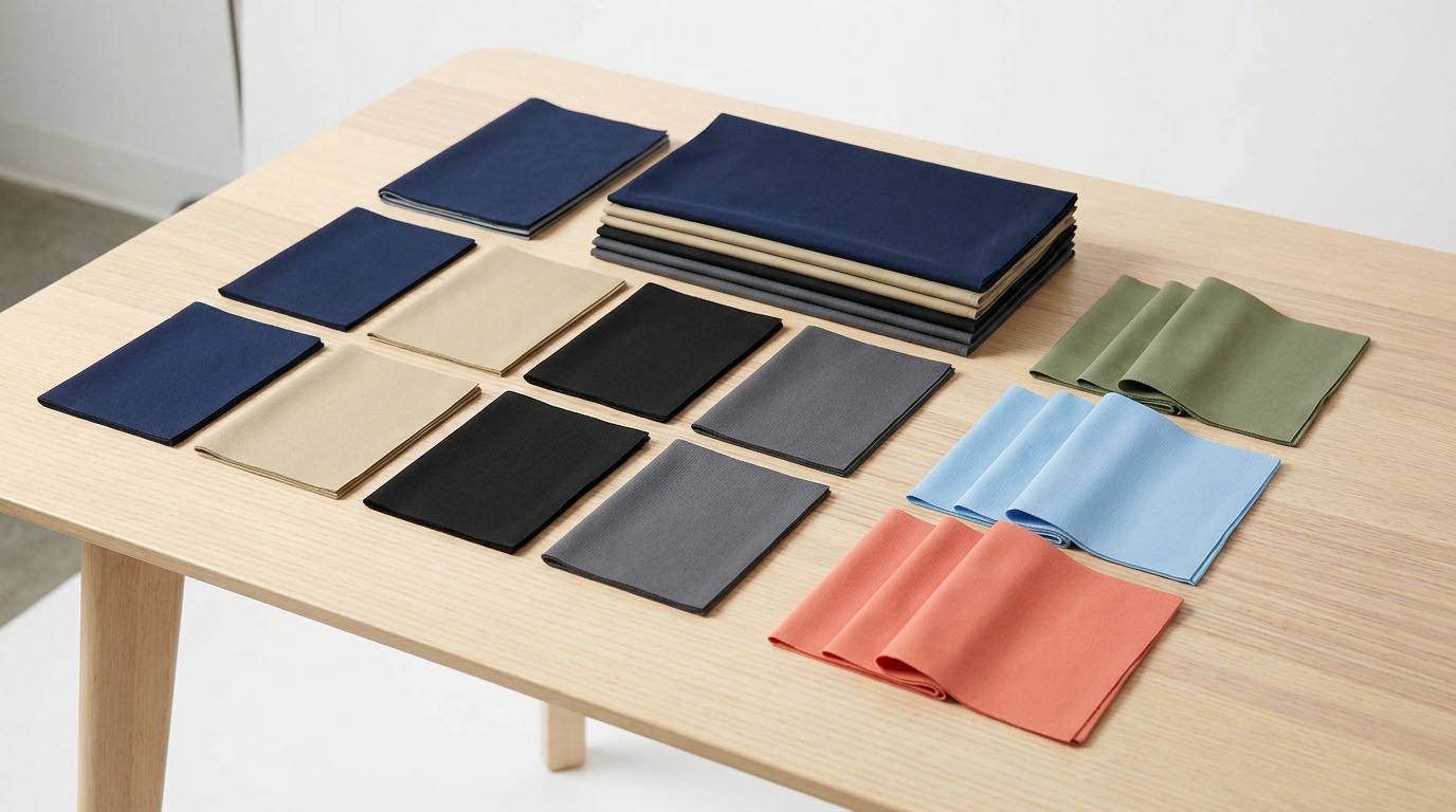 Core and Seasonal Golf Shorts Color Examples Golf shorts fabric swatches in navy khaki black grey olive light blue and coral colors