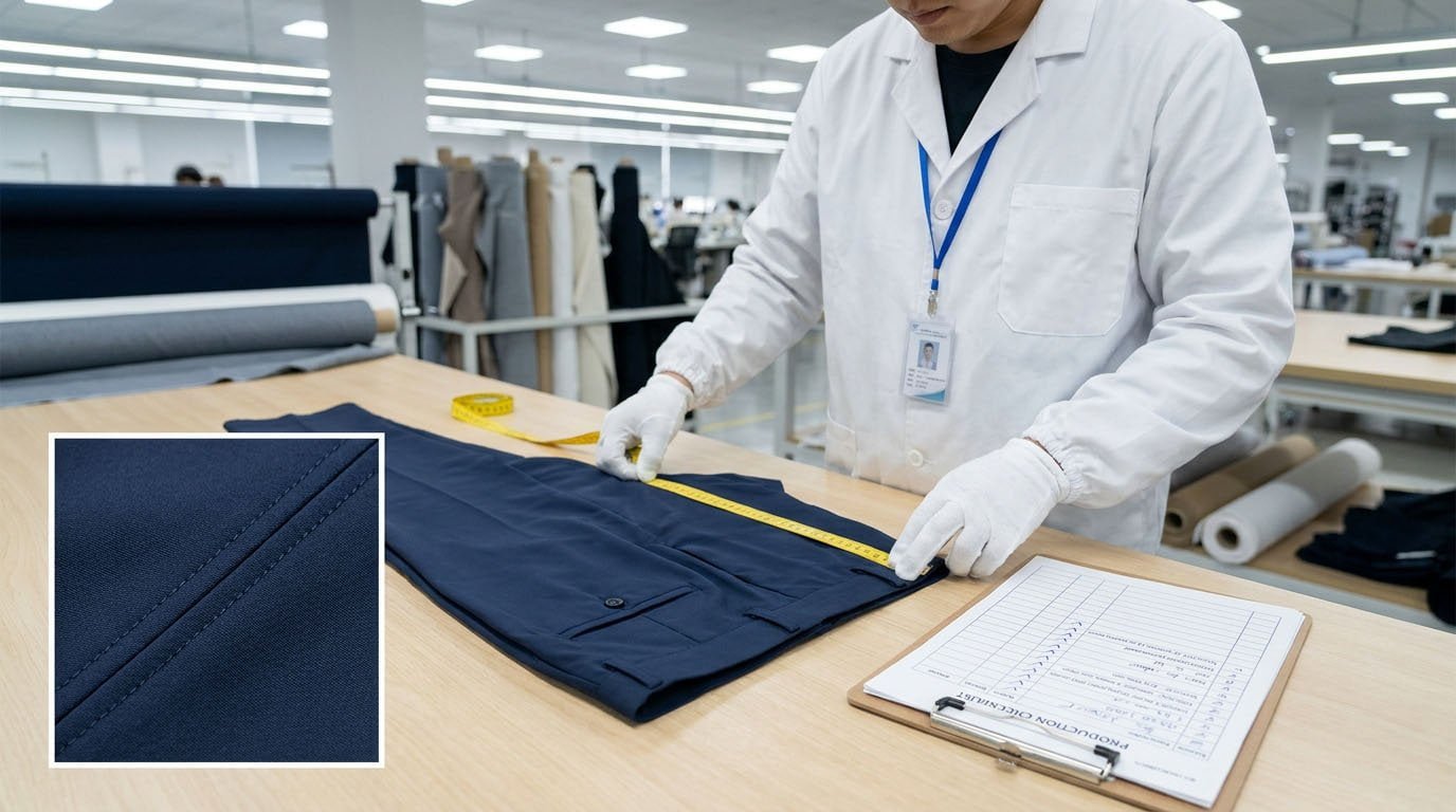 Golf pants manufacturer inspecting finished trouser measurements and stitching quality