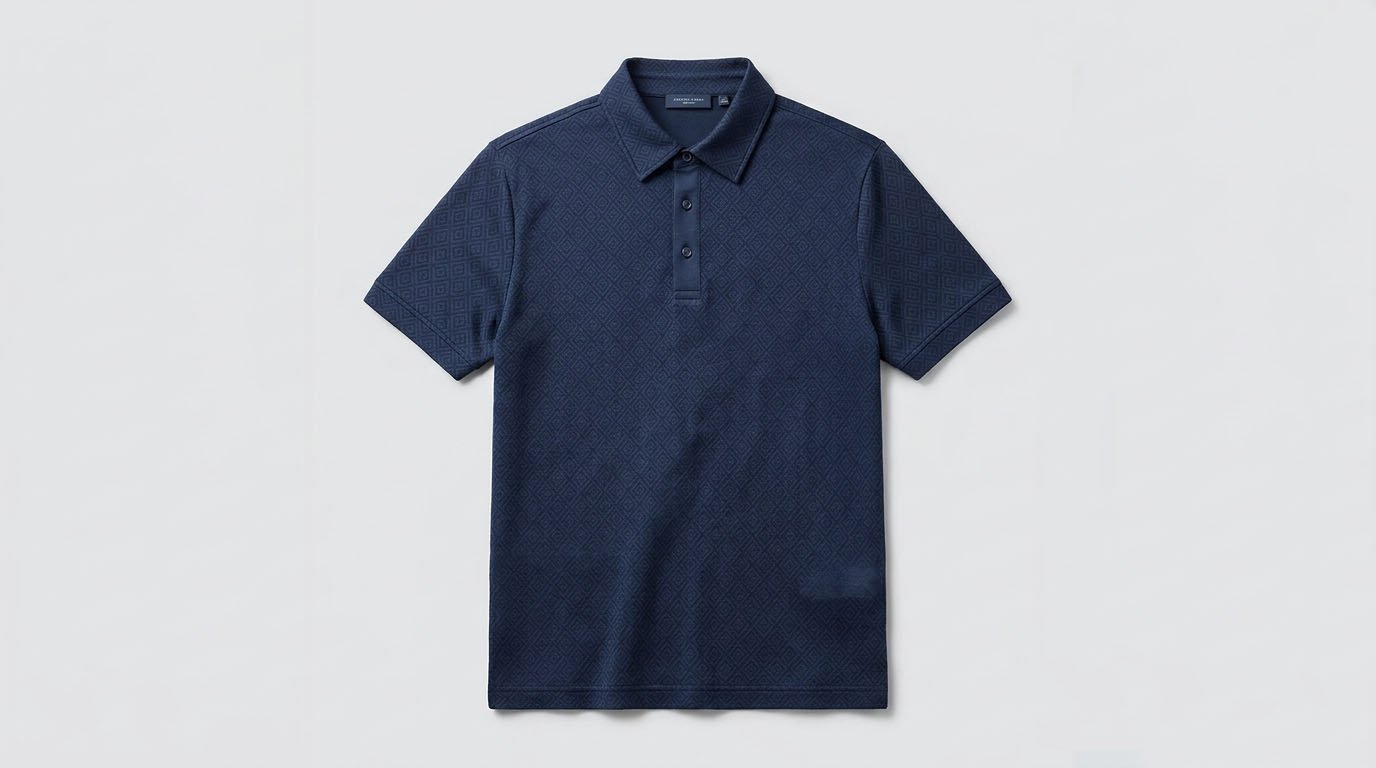 Custom jacquard golf polo full garment pattern approval Full jacquard golf polo garment showing motif scale seam alignment and collar construction