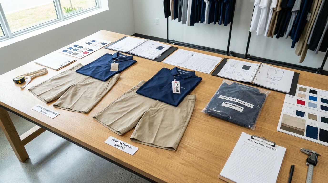 First Bulk Production Validation After Factory Transfer Golf apparel first bulk production comparison against approved factory transfer sample