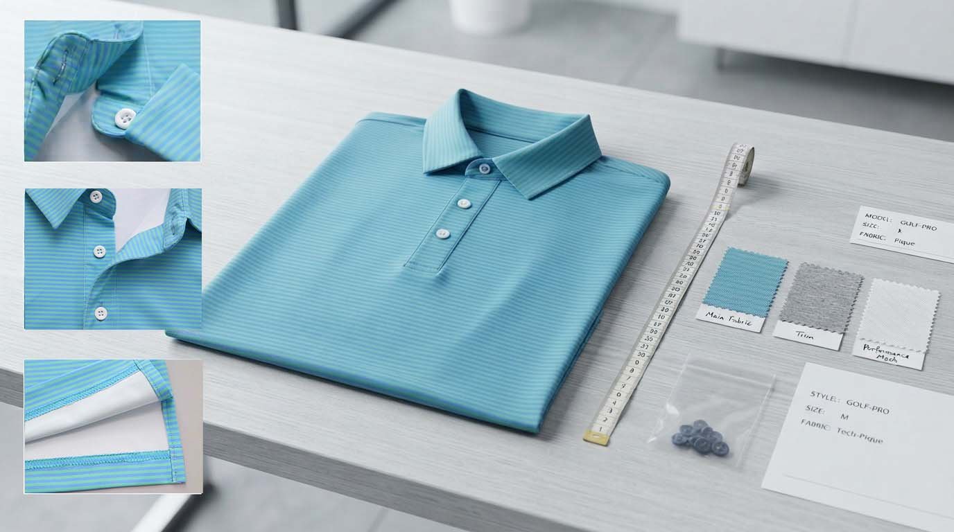 Golf polo collar placket seams and construction details