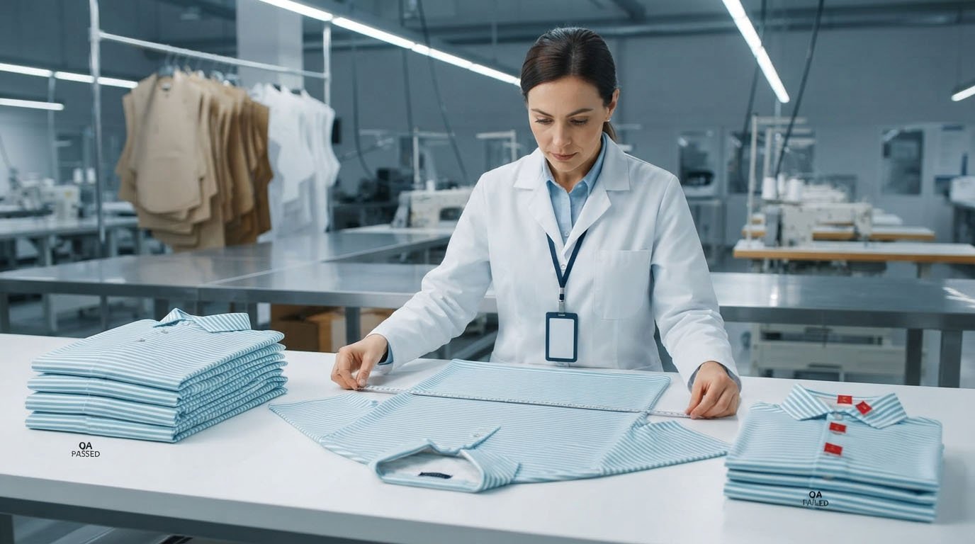 Golf apparel bulk production quality inspector checking garment measurements