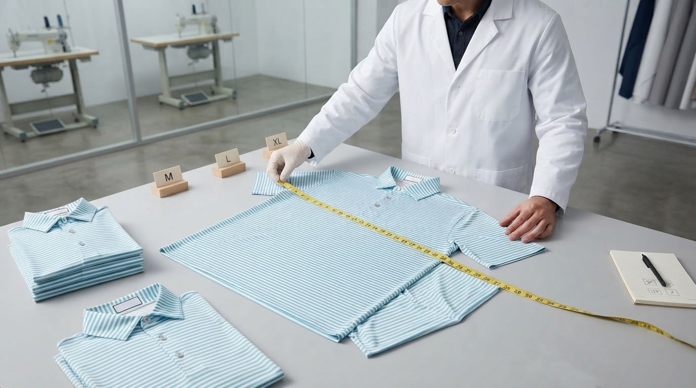 Golf apparel measurement tolerance inspection using measuring tape on golf polo shirt
