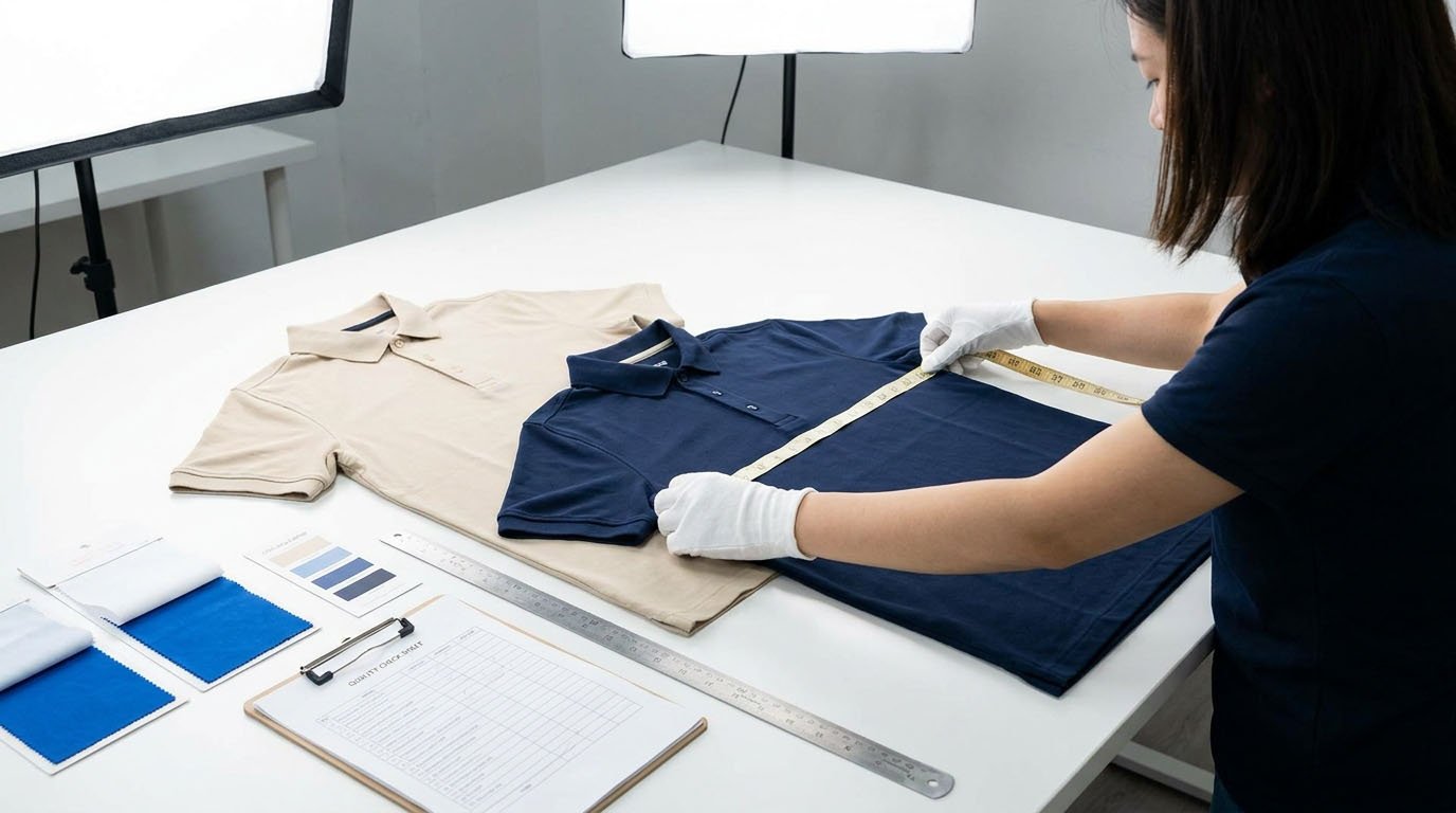 Golf polo measurement and approved sample comparison during bulk garment inspection