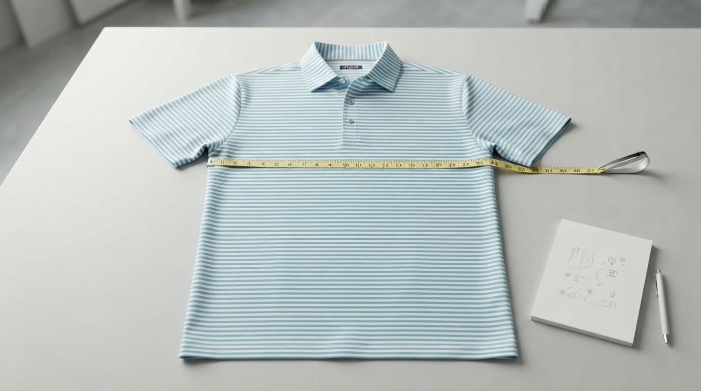 Golf polo measurement points showing chest shoulder sleeve and body length