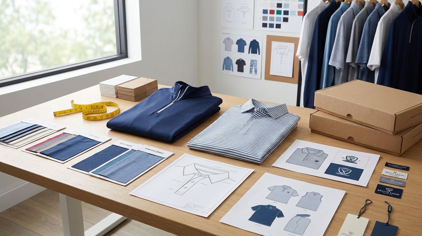 Golf polo fabric swatches and construction details used in apparel RFQ specifications