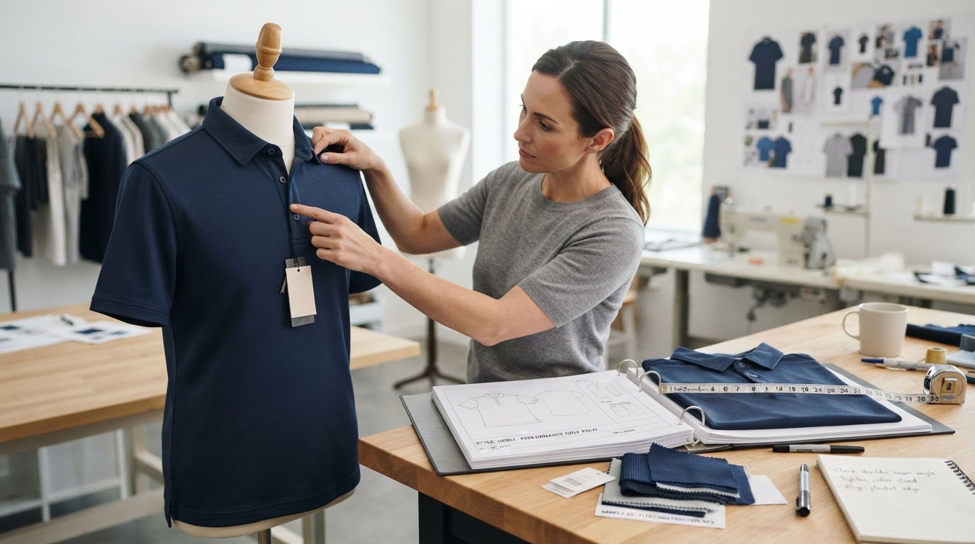 Golf Apparel Sampling and Prototype Inspection Golf apparel sample inspection checking collar sleeve and garment measurements