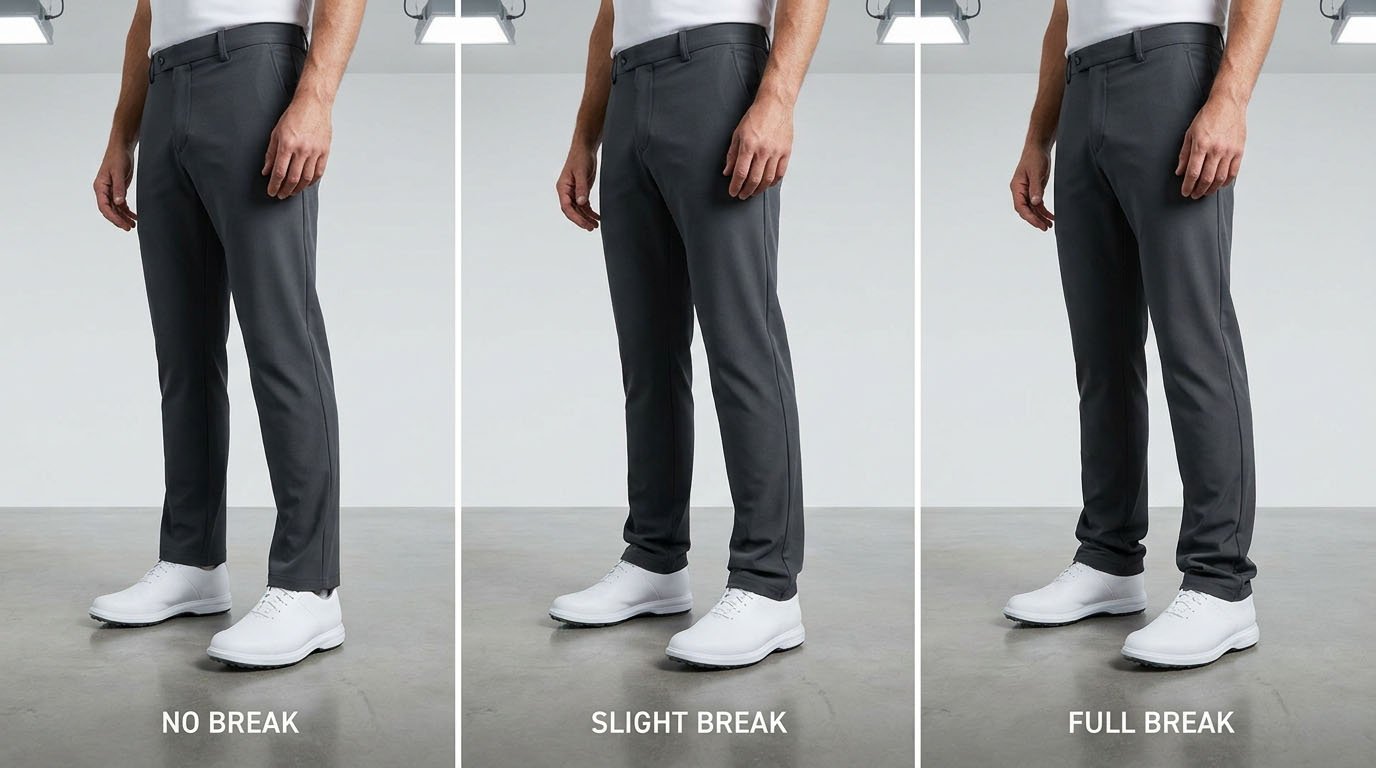 Golf pants length comparison no break slight break and full break with golf shoes