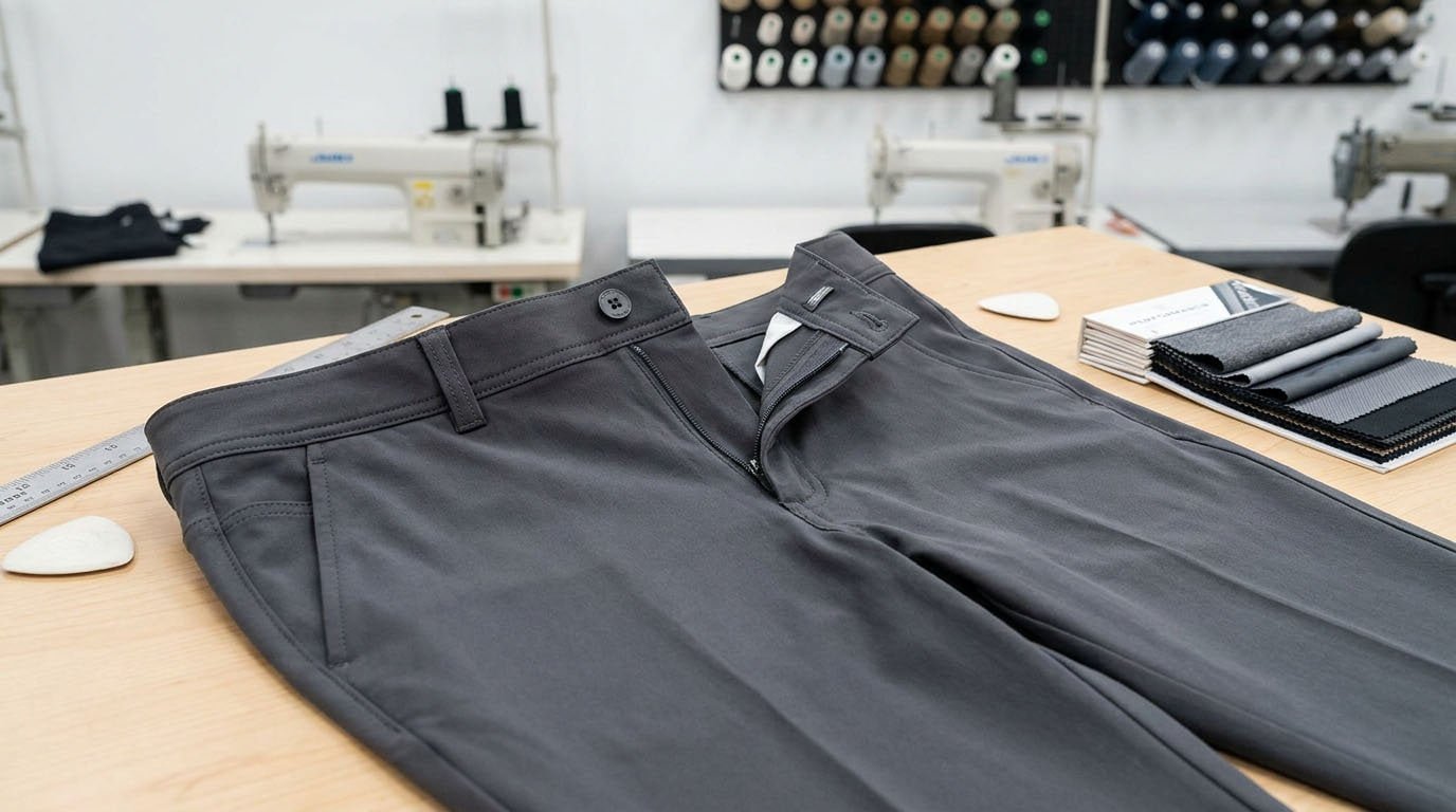 Golf trousers manufacturing details including waistband, zipper, pockets and stitching