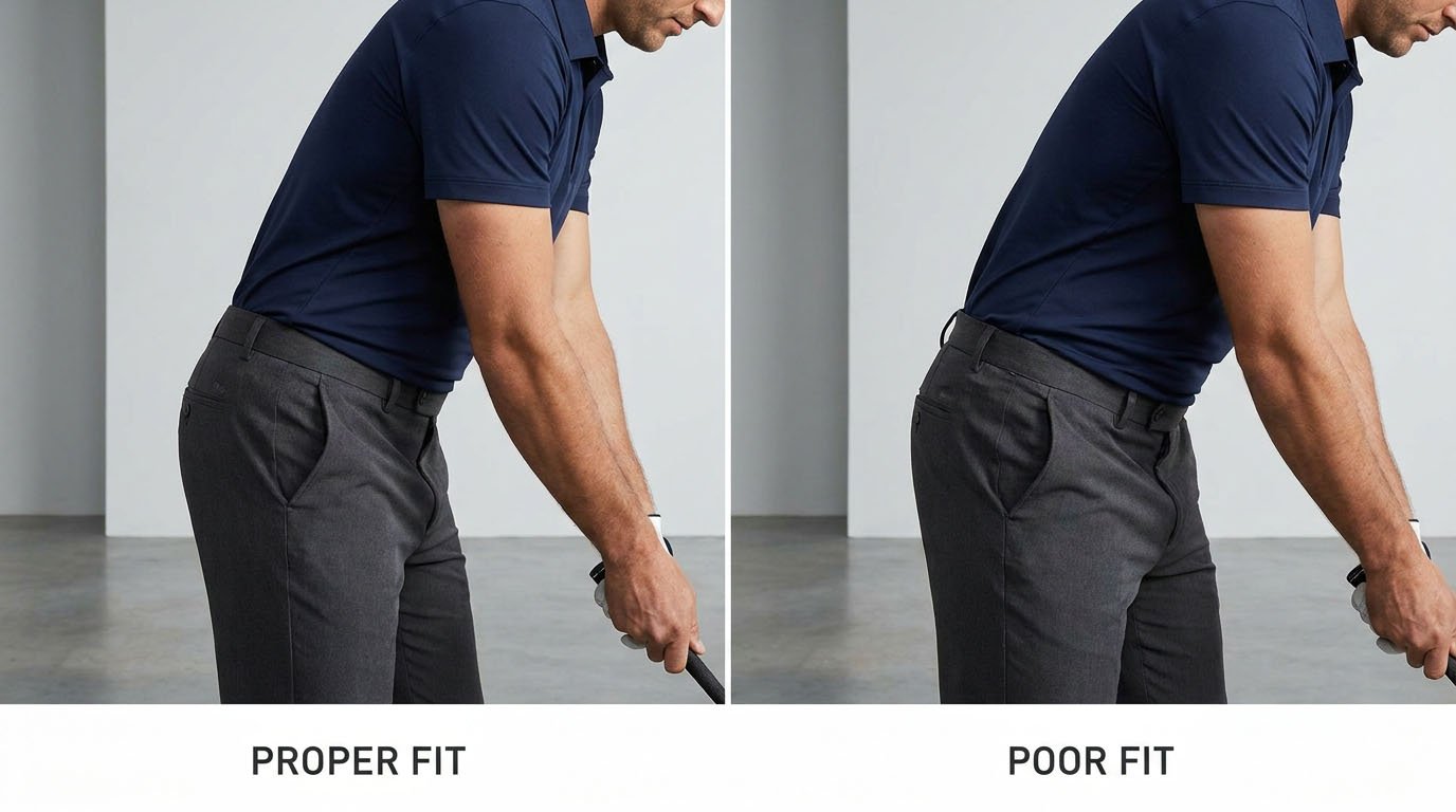 Golf pants waistband and rise fit comparison during golf address position