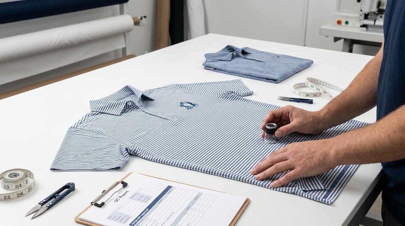 Golf polo embroidery strike off inspection before bulk production