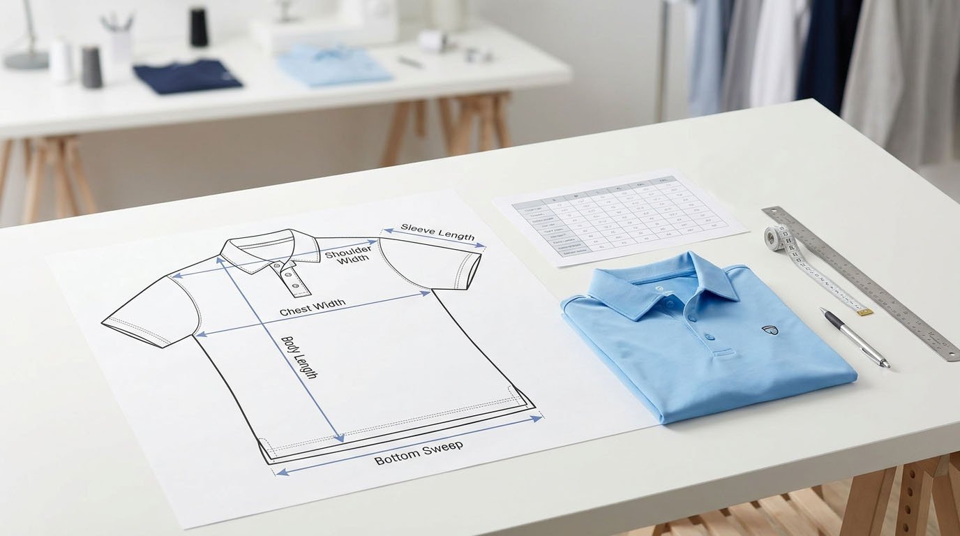 Golf polo POM measurement diagram showing chest, body length, shoulder, and sleeve measurements