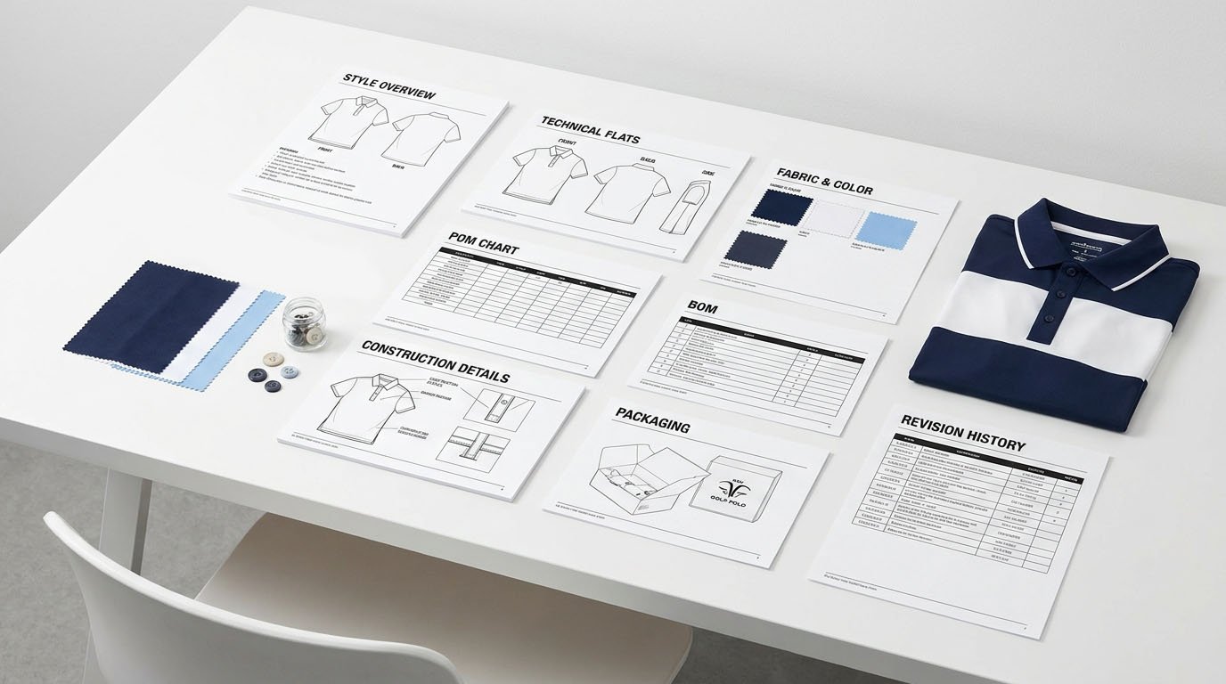 Golf polo tech pack layout with style sheets, POM chart, BOM, and construction specifications
