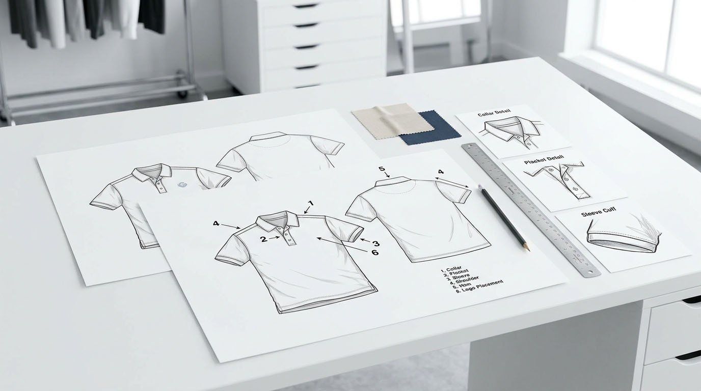 Front and back golf polo technical flat sketches with collar, placket, and hem callouts