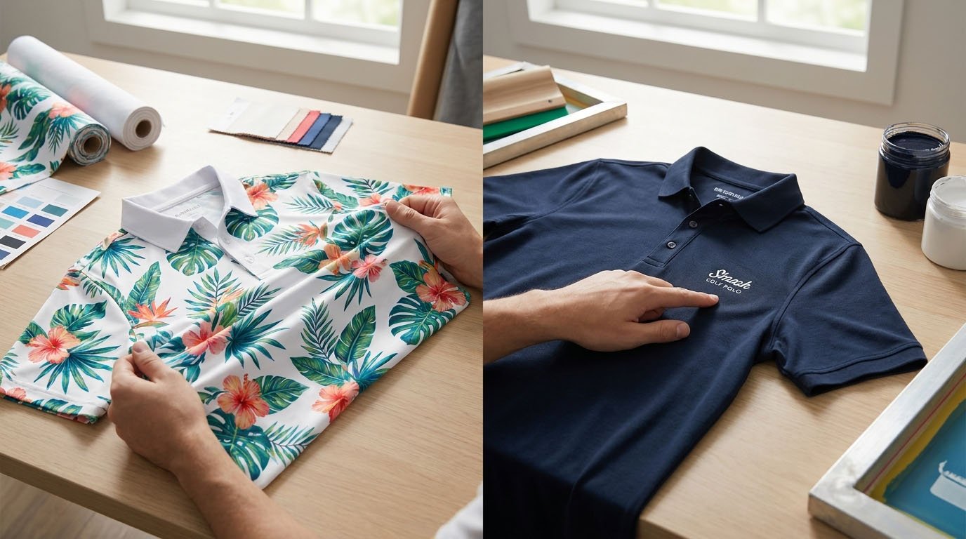 Close-up comparison of sublimation fabric hand feel and flexible screen printed golf shirt graphics