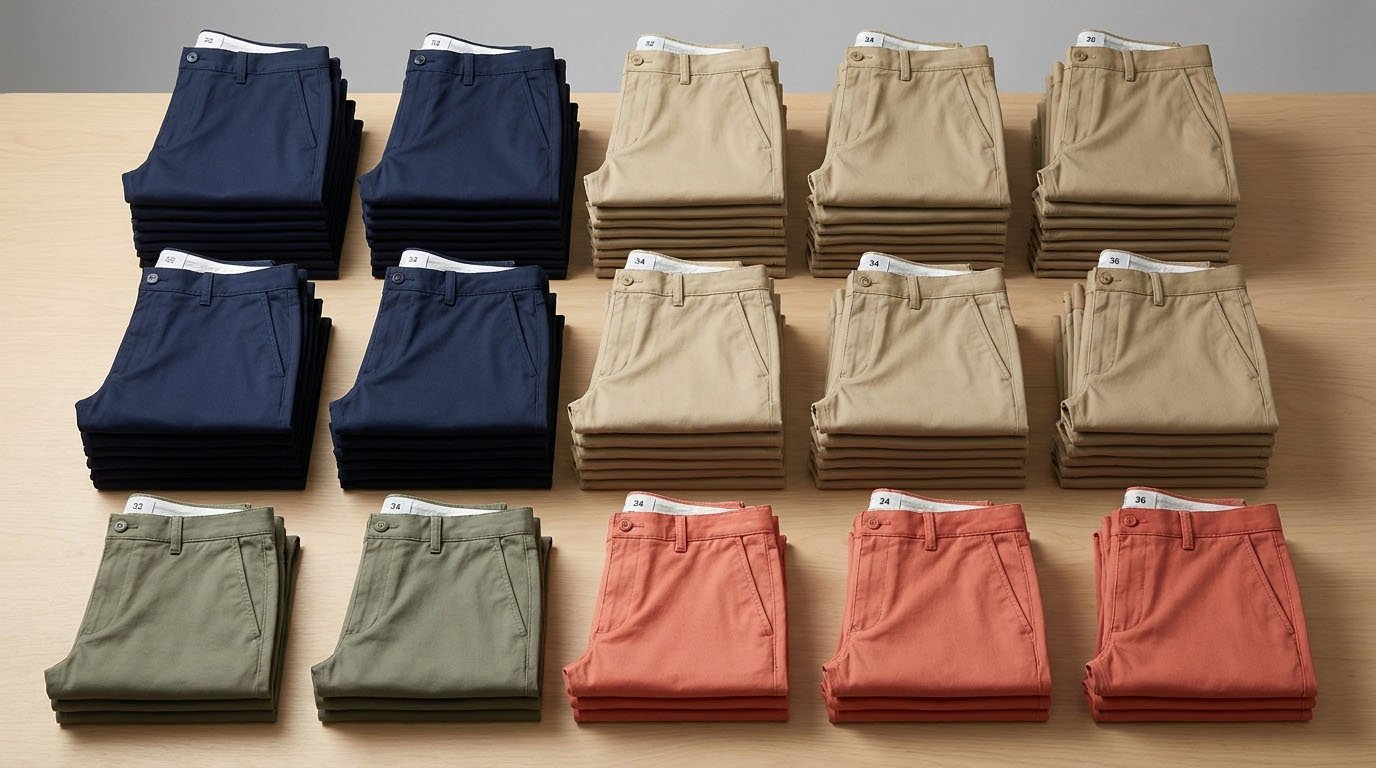 Golf Shorts Color and Size Inventory Planning Golf shorts SKU inventory planning chart comparing three six and ten color options across waist sizes