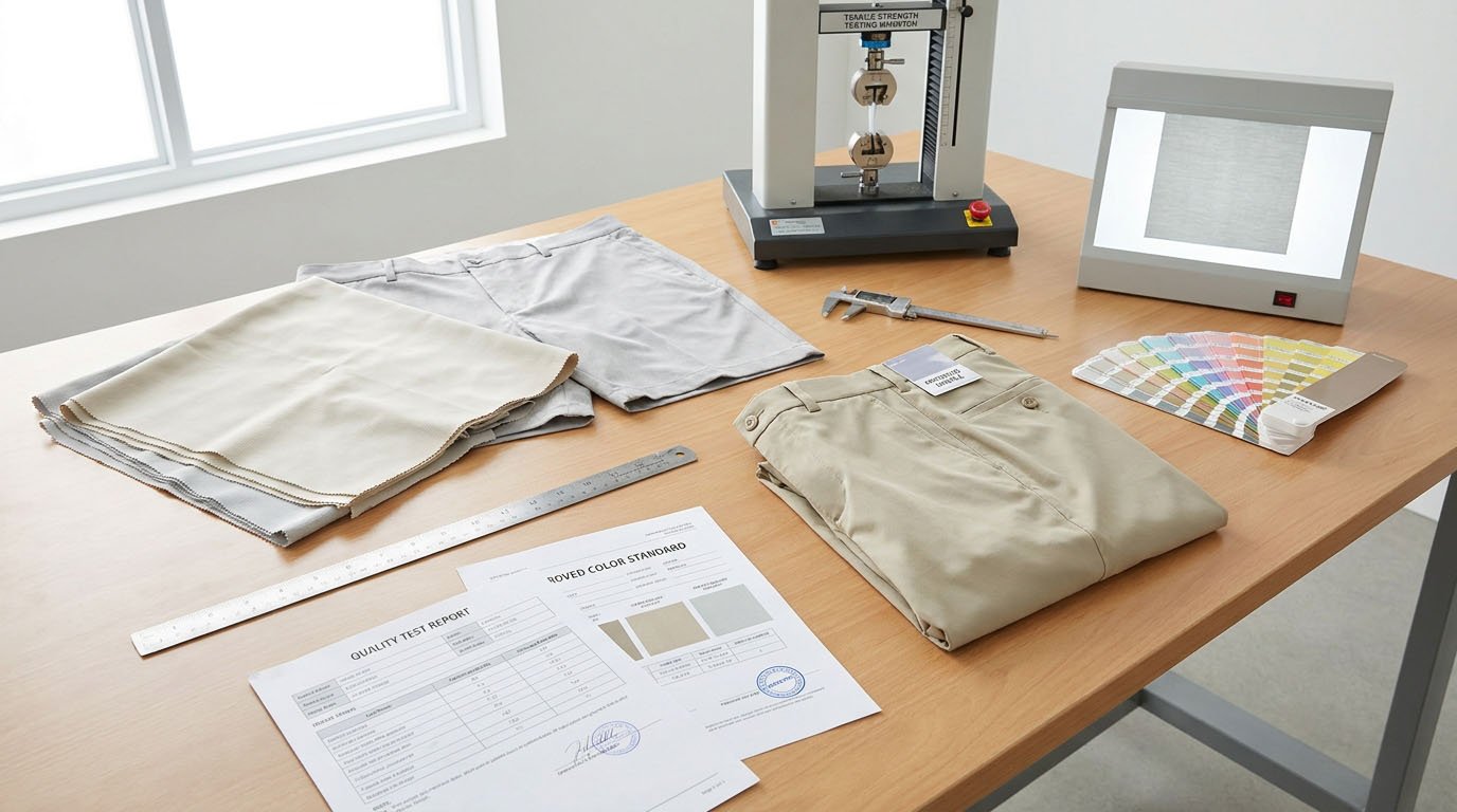 Golf Shorts Fabric Testing Before Bulk Production Golf shorts fabric quality testing and bulk production material approval
