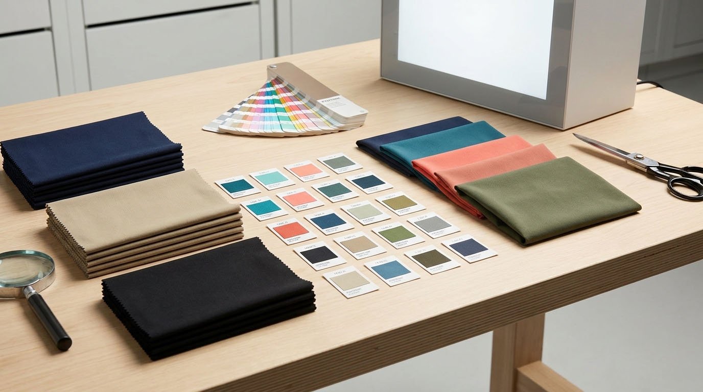 Golf Shorts Stock Fabric Versus Custom Dye Color Approval Golf shorts manufacturing fabric swatches and custom color lab dip comparison