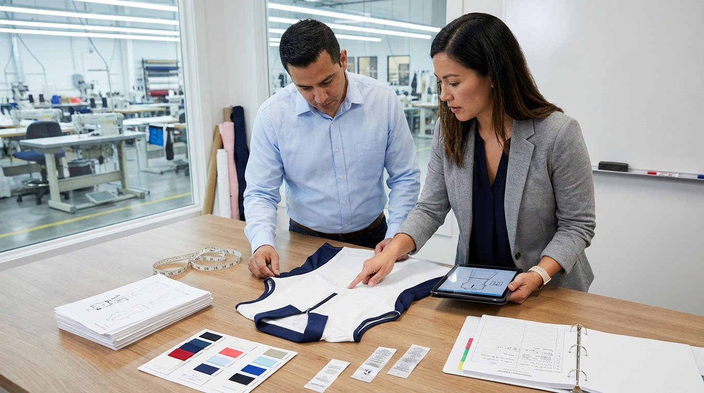 Golf dress manufacturer inspecting approved sample and production specifications