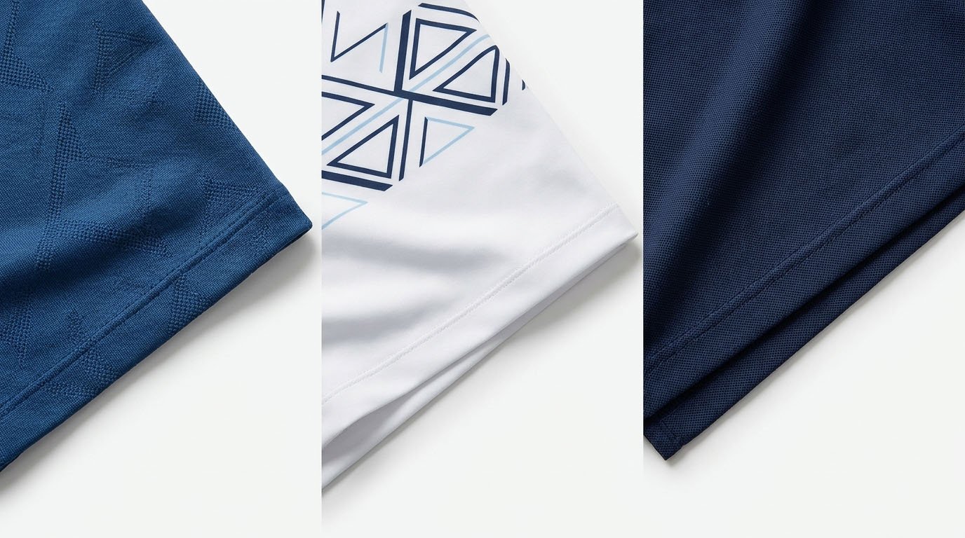 Jacquard versus printed fabric versus piqué knit comparison Jacquard knit texture compared with printed performance fabric and piqué knit