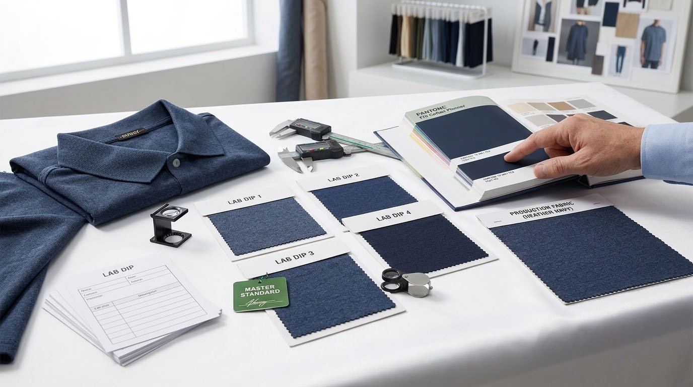 Golf apparel lab dip approval with Pantone references and fabric swatches