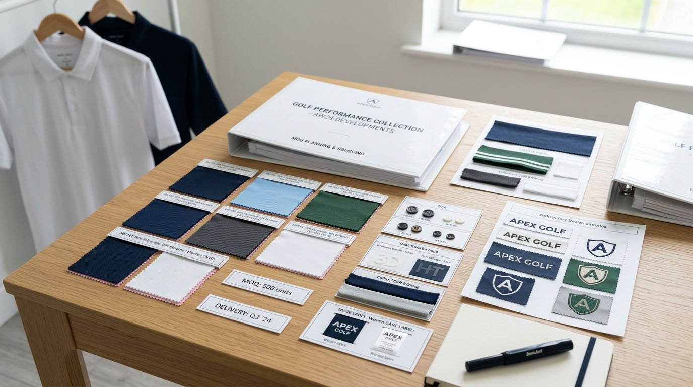 Golf polo performance fabric swatches and garment trims for MOQ negotiation