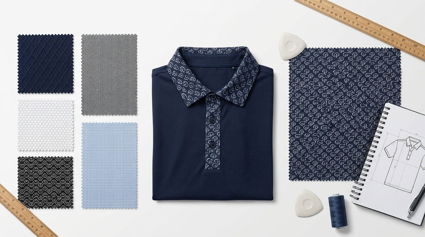 Stock versus custom jacquard golf polo fabric sourcing Stock jacquard fabric swatches compared with custom jacquard pattern development