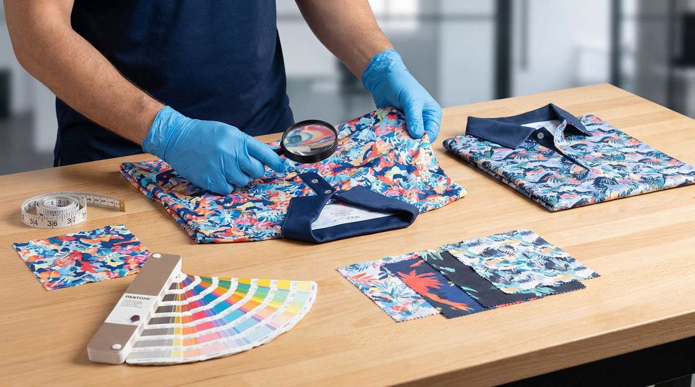 Sublimation golf polo fabric strike off and production sample inspection