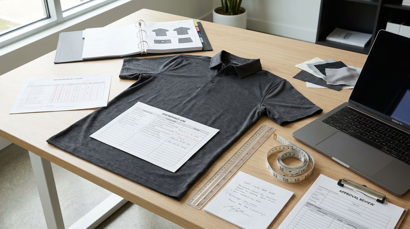 Tech Pack Versus Physical Sample Discrepancy Log Golf apparel tech pack and physical sample discrepancy comparison
